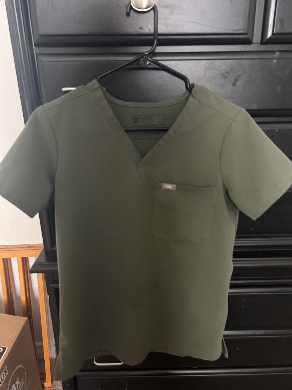 FIGS Women’s Olive Green V-Neck Scrub Top with matching Livingston Pants